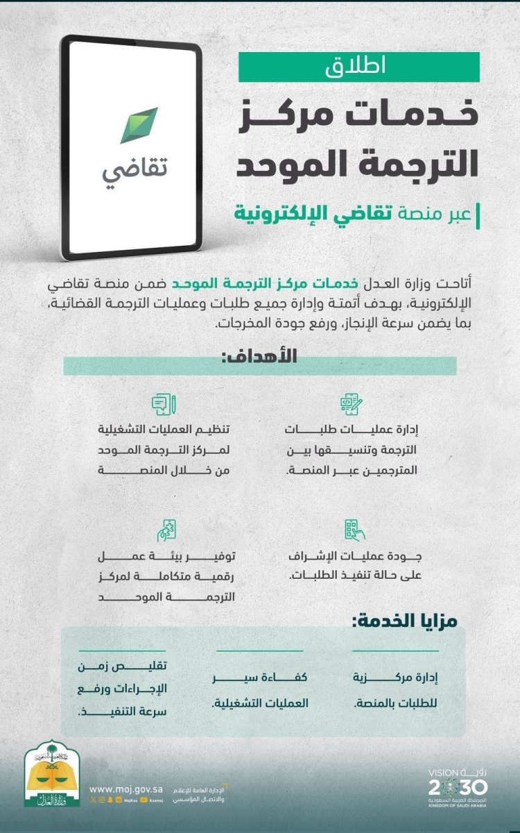 إطلاق خدمات مركز الترجمة الموحد عبر منصة تقاضي