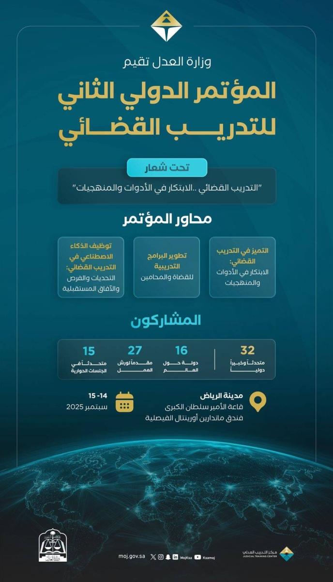 المؤتمر الدولي للتدريب القضائي بالرياض تنظمه وزارة العدل
