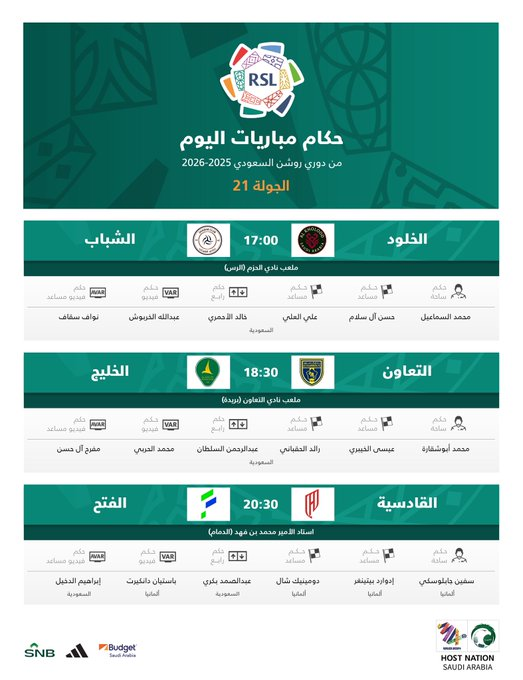 حكام مباريات اليوم في الجولة 21 من دوري روشن السعودي 2026